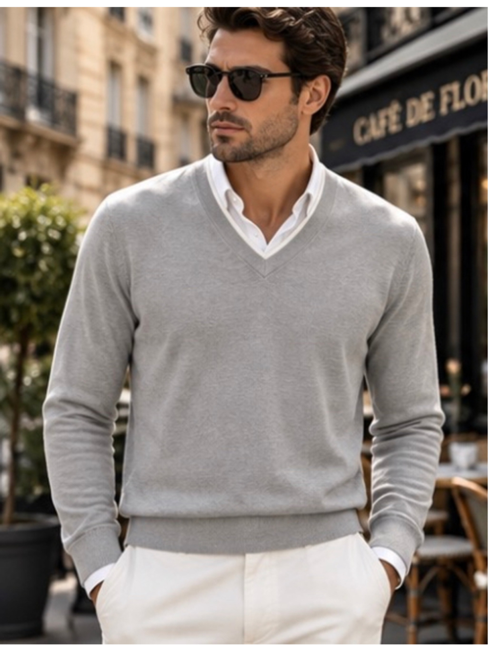 Ermenegildo Zegna V-Neck Sweater in Grey and White, Size M 44US/54IT New!